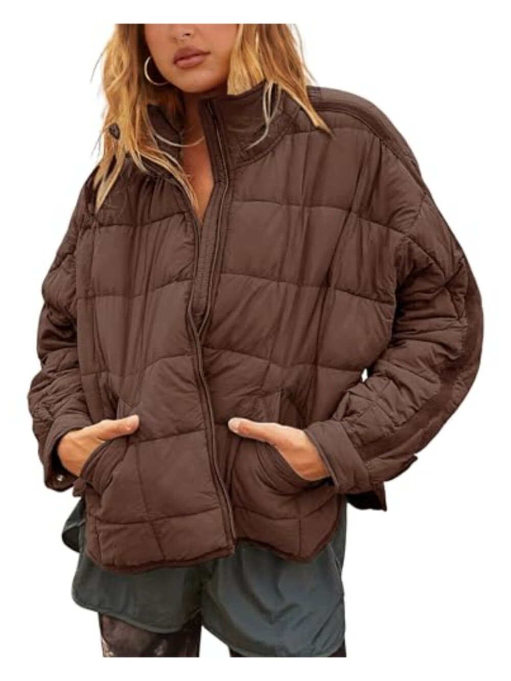 Oversized Splice Quilted Lightweight Puffer Jacket Button Cuffs Stand Collar